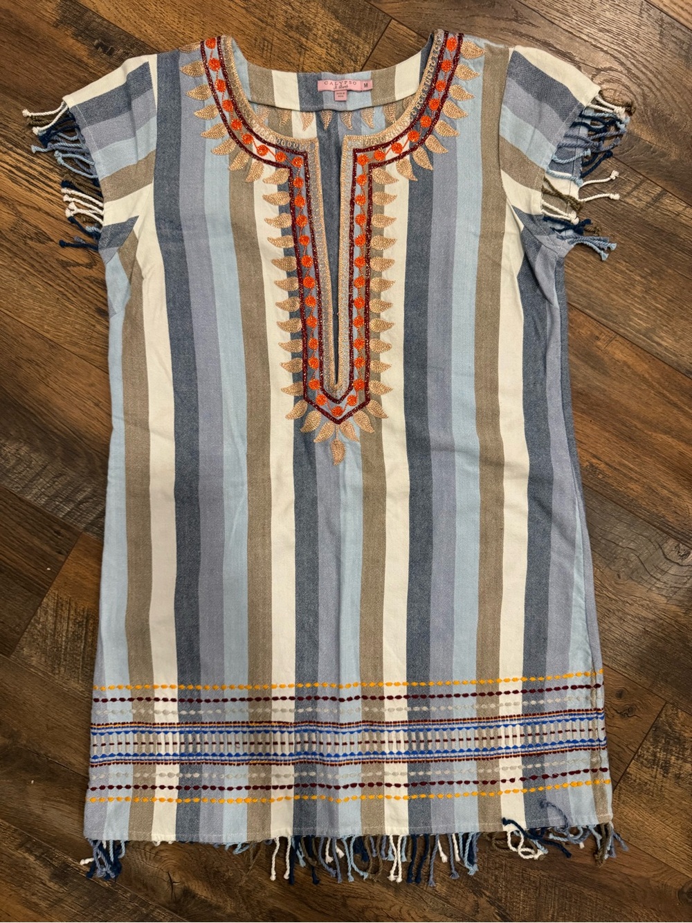 Calypso St. Barth Blue, Cream and Tan Striped Embroidered Tunic Size M